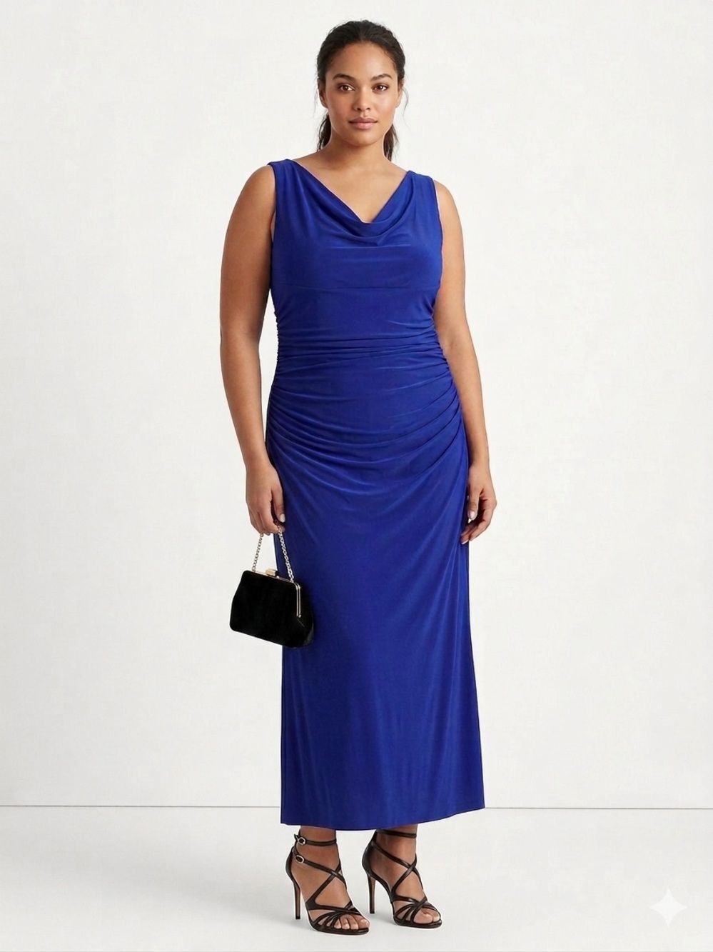 Lauren Ralph Lauren Dress 12 Blue Sleeveless Ruched Column Gown Evening Cocktail